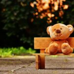 brown teddy bear on brown wooden bench outside